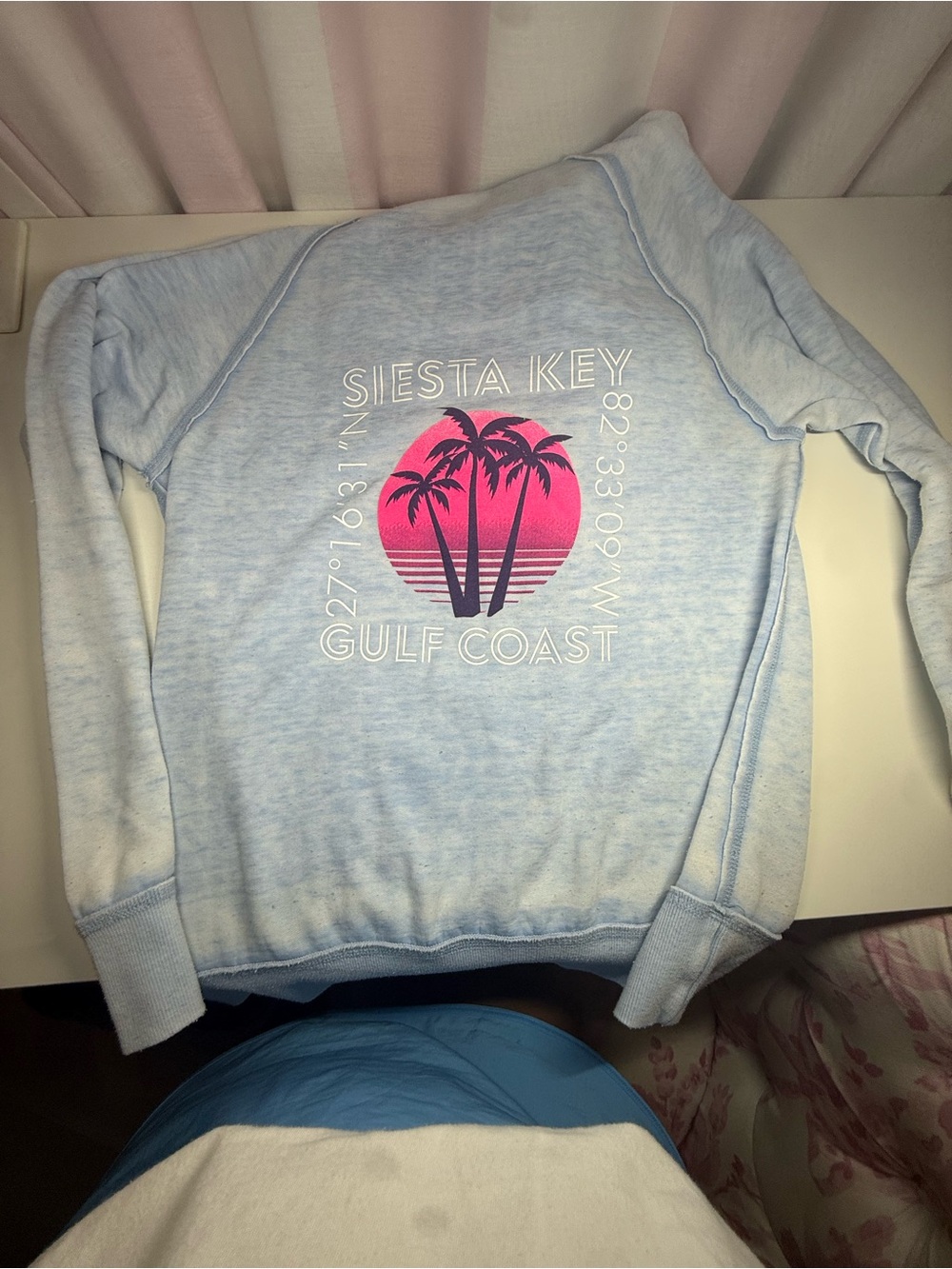 J. America Light Blue Crewneck with Pink Palm Graphic